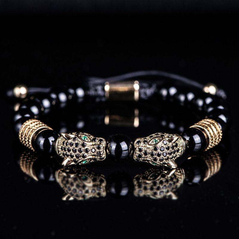 Men Black Double Leopard Head Braided Bracelet Stainless Steel Roman Numeral Bracelet Suit Fashion Retro Style