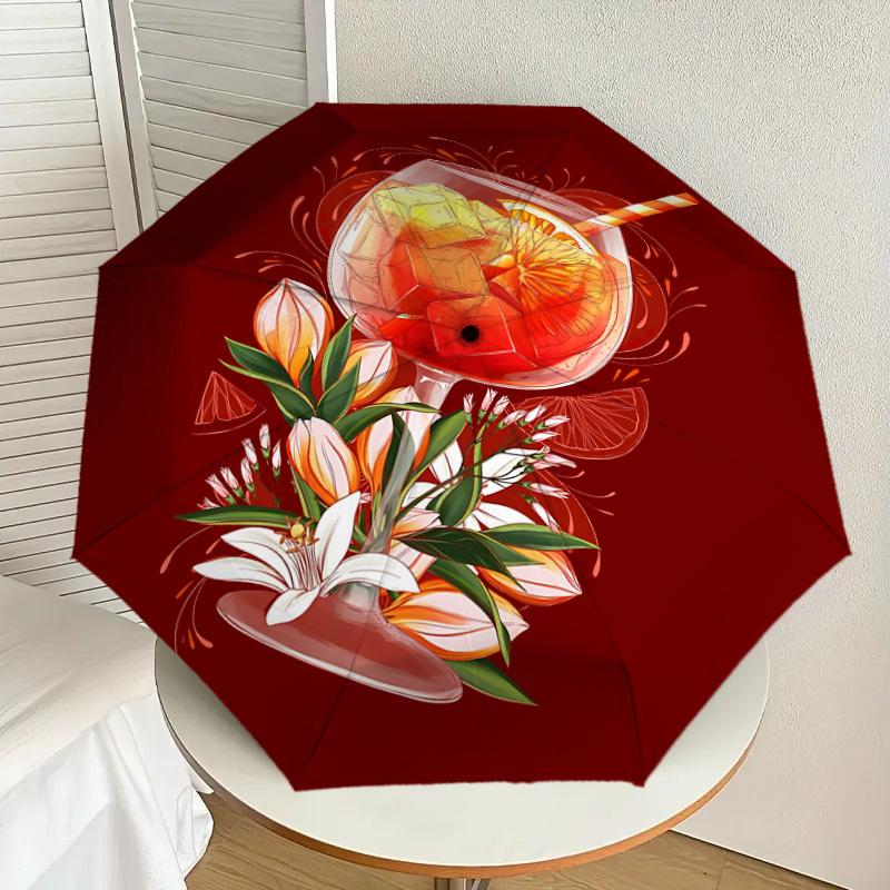 1PC cocktail flowersAutomatic Open/Close Umbrella with Windproof, 8-Rib Sturdy Canopy, Durable Ribs, Fashionable Design, Outdoor Accessory, Fun Prin,