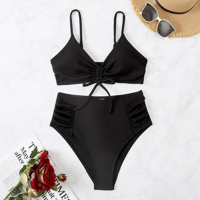 Sexy Bikini Solid Color Zou Zou Bu Swimsuit High-waisted Drawstring Swimsuit