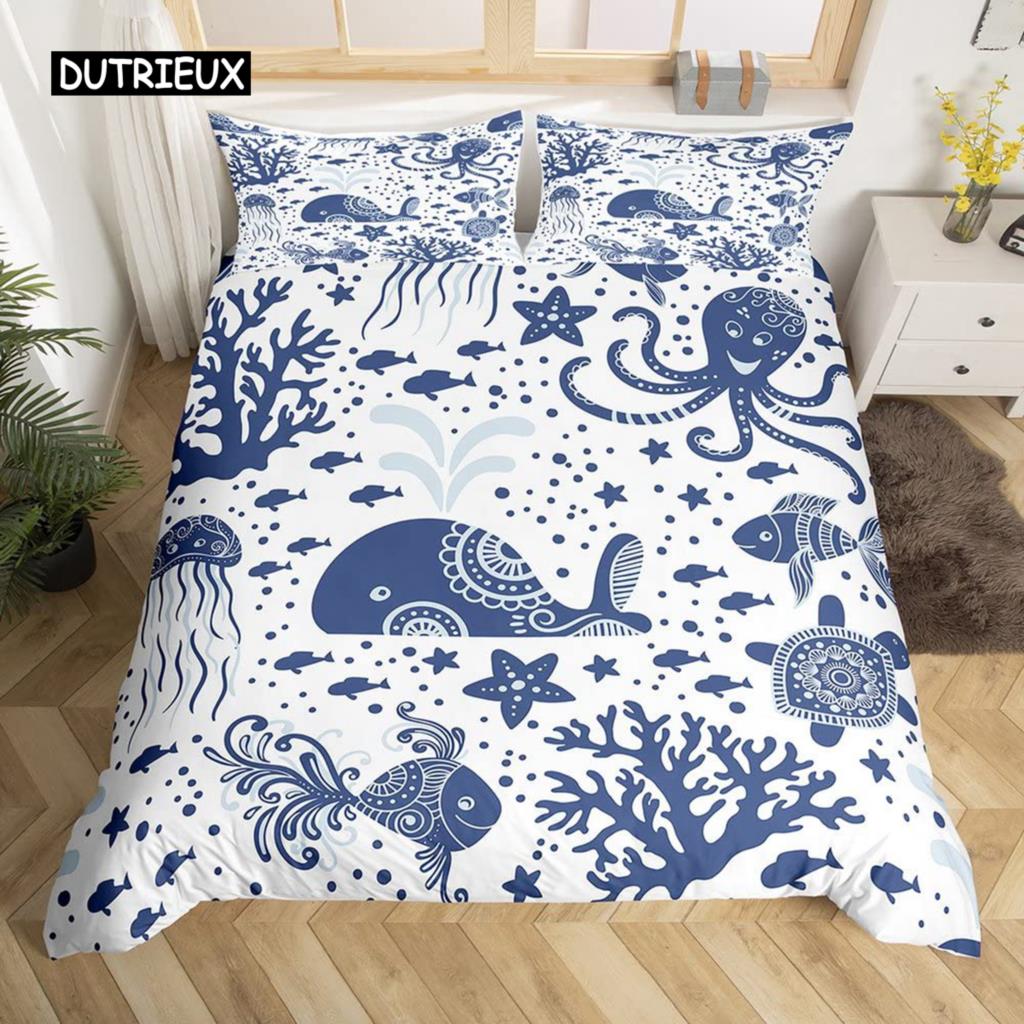 Σετ Πάπλωμα Φάλαινα Queen Size Αστρικά Αστέρια Σύμπαν Νεφέλωμα Κάλυμμα Πάπλωμα Μπλε Γαλαξίας Θέμα Ωκεανός Θαλάσσια Πλάσματα Σετ Κλινοσκεπασμάτων