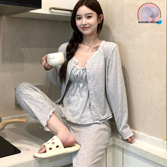 Women's 3-Piece Japanese Polka Dot Pajama Set - Long Sleeve Cardigan, Versatile for Spring/Autumn, Suitable for Home or Outdoors