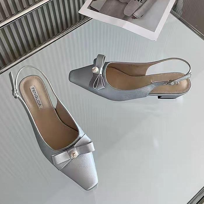 

Fashion Bow Bead Women High Heels Sandals Pointed Toe Shoes Slippers Slingback 2025 Summer Sexy Pumps Trend Dress Chunky Sandalias Mujer 35 серебряный