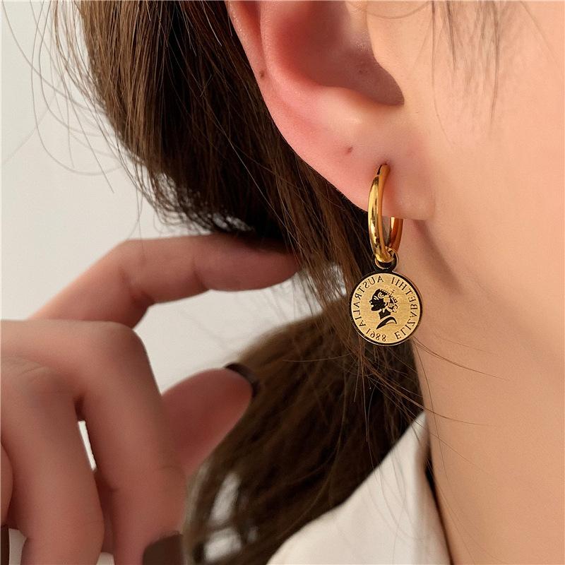 Ramos Round Coin Drop Earrings For Women Stainless Steel Earring Geometric Square-shape Earings Plated Gold Trendy Earing Jewell