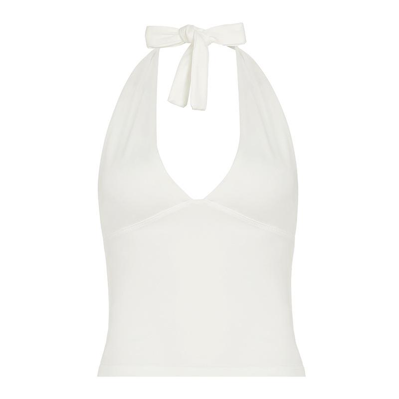 

Стильний однотонний кроп-топ з халтер-горловиною, V-подібним вирізом, приталеного крою Large білий