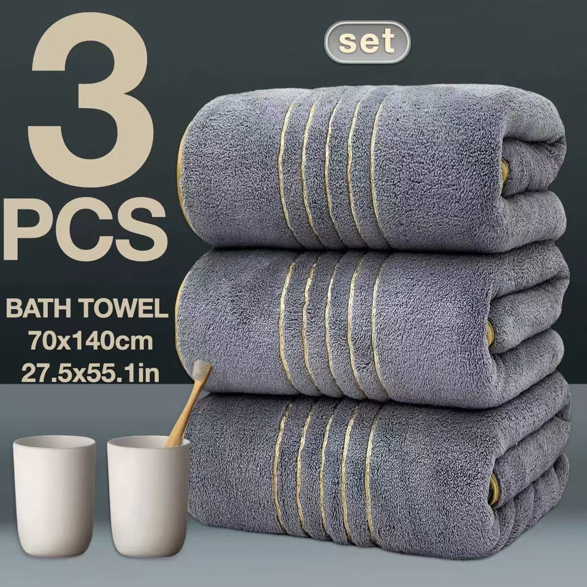 

3pcs Extra Large 90x170cm Coral Fleece Bath Towel Set Super Soft Highly Absorbent Quick-Dry Lightweight for Home Hotel Fitness