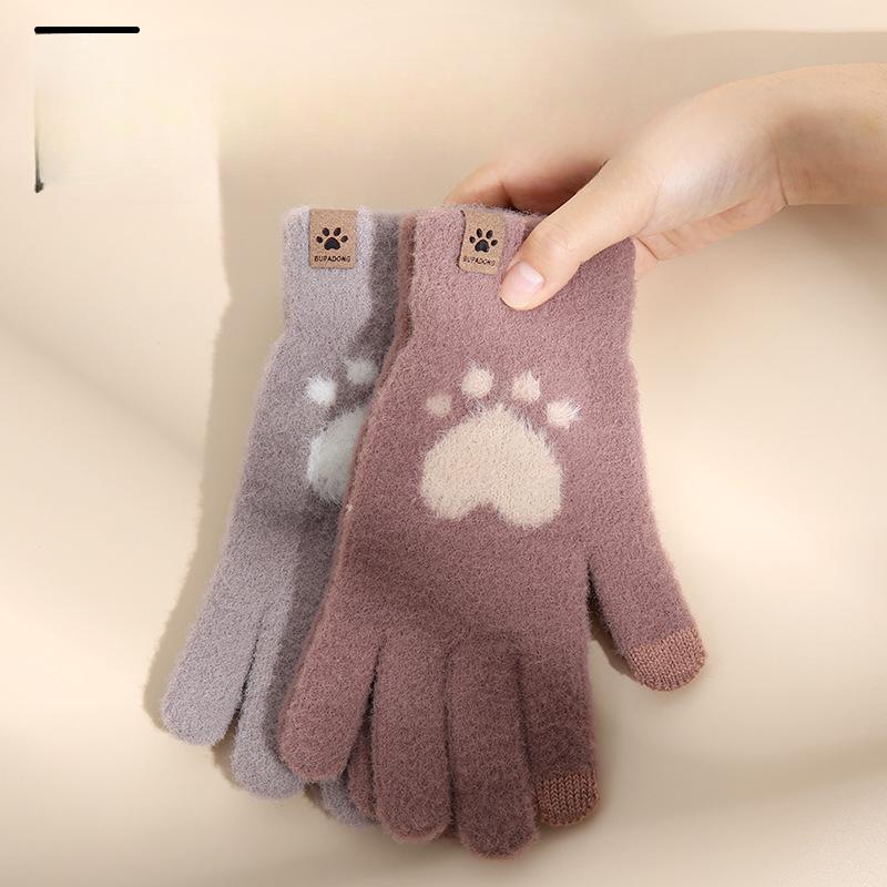 Women's Autumn and Winter Plush Knitted Gloves for Warmth and Cold Plus Velvet Imitation Mink Fur Cartoon Cute Touch Screen Fashion