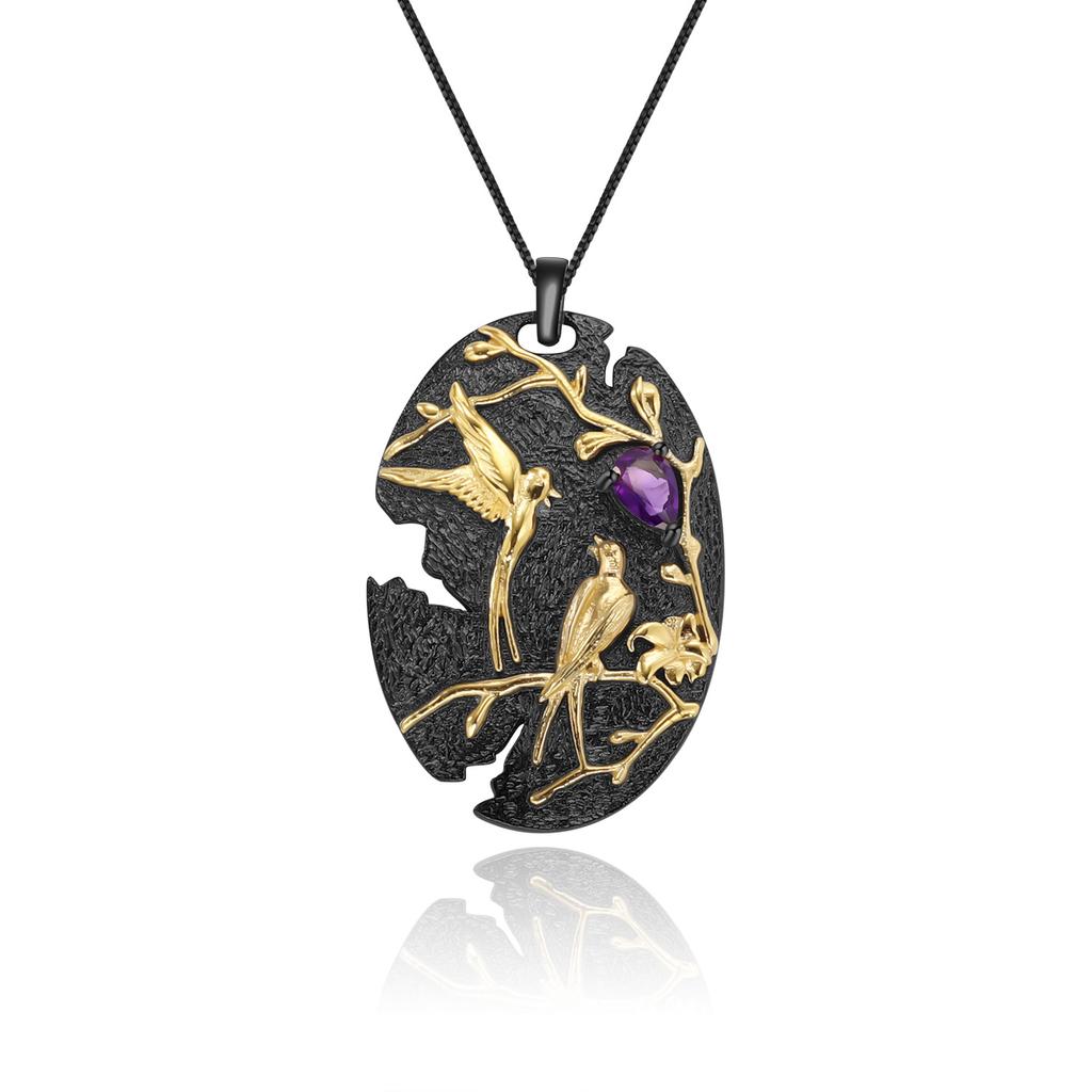 Original Designer High-end National Style Pendant Magpie Design 925 Silver Color Electroplating Natural Amethyst Necklace Pendant
