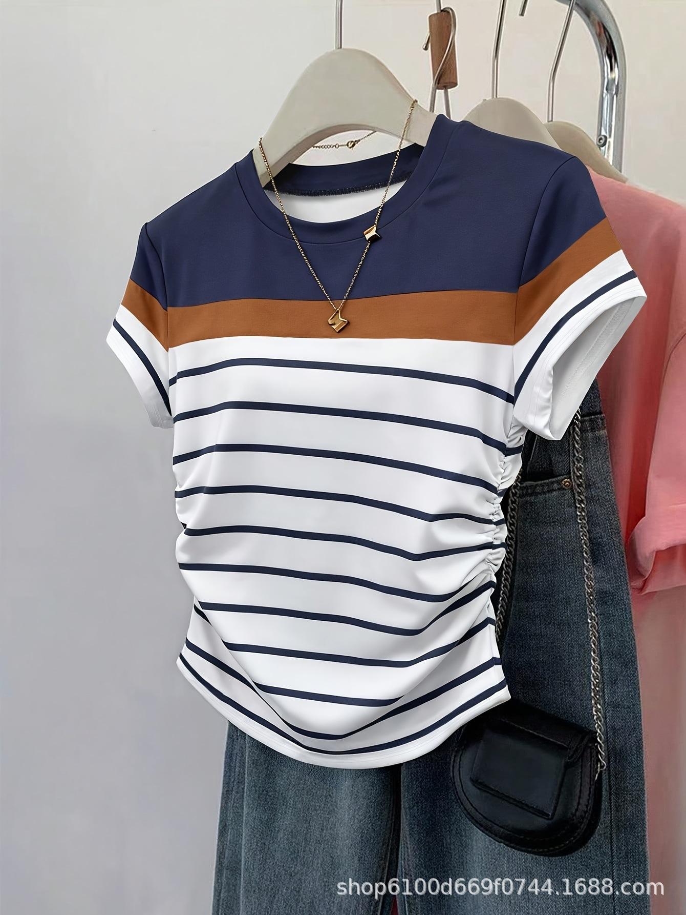 

2026 Summer Women s Striped Color Block Slimming Cropped T-Shirt XL белый