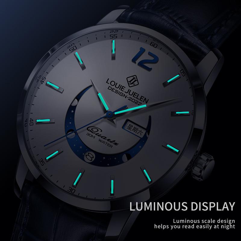 LOUIE JUELEN 9284 Neues Mondphasen-Design Edelstahl Lederarmband Herren Modeuhr Leuchtzeiger Funktion Einfaches Zifferblatt Herrenuhren