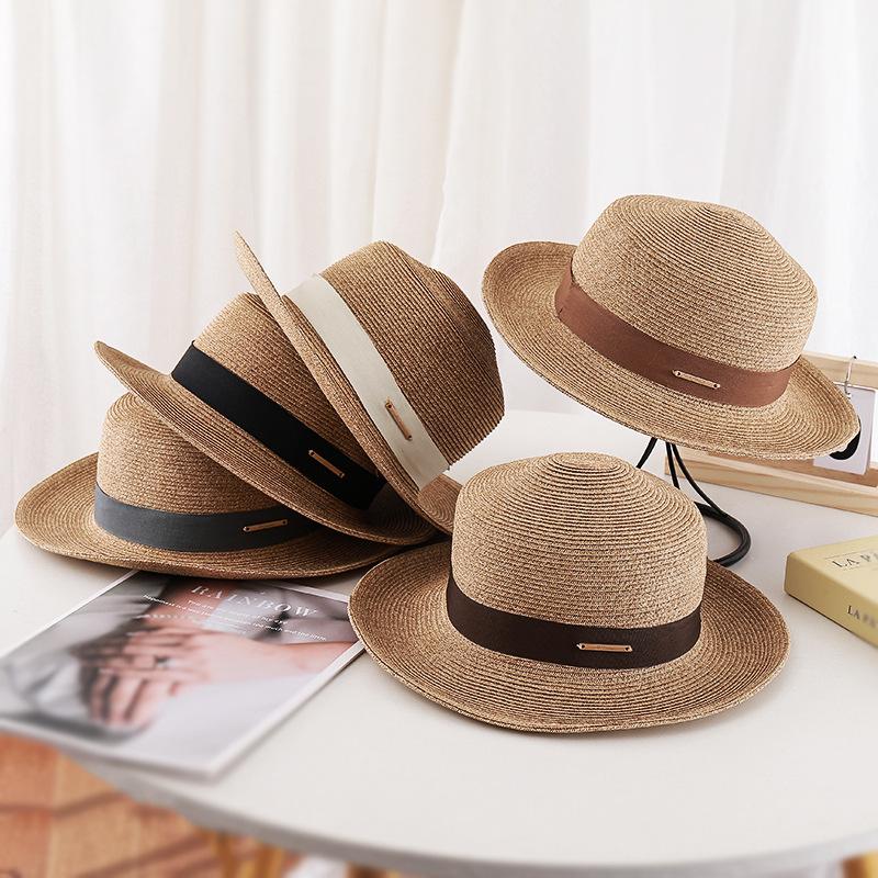 New French flat-top straw hat women's big head circumference seaside beach top hat woven sun-proof hat summer