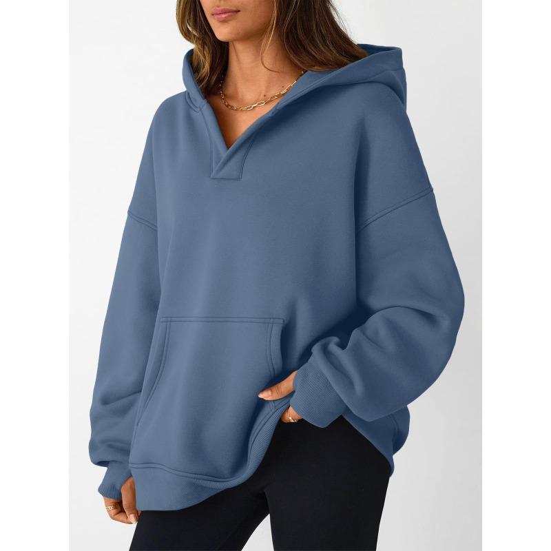 Autumn Winter Loose Casual Solid Color All-match Pullover Hoodies Women Pocket Hooded Sweatshirt Top