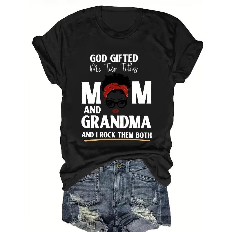 European Sizes MOM & GRANDMA Print T-shirt, Casual Short Sleeve Crew Neck Top For Spring & Summer, Women's Plus Size Clothing