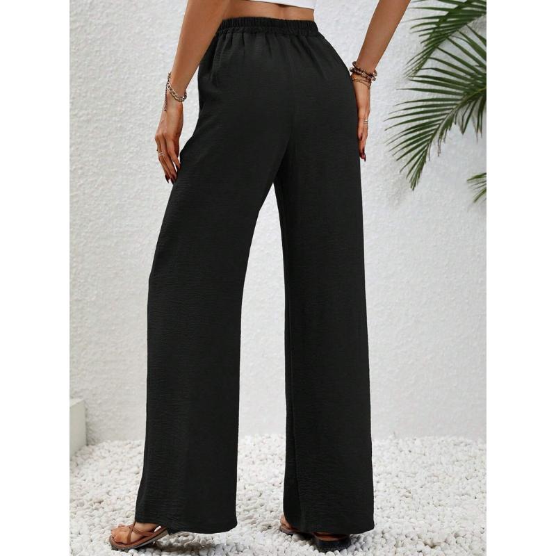 New Women's Solid Color Floor-Length Wide Leg Pants, Elastic Waist with Drawstring, Casual Versatile Trousers for Spring Summer