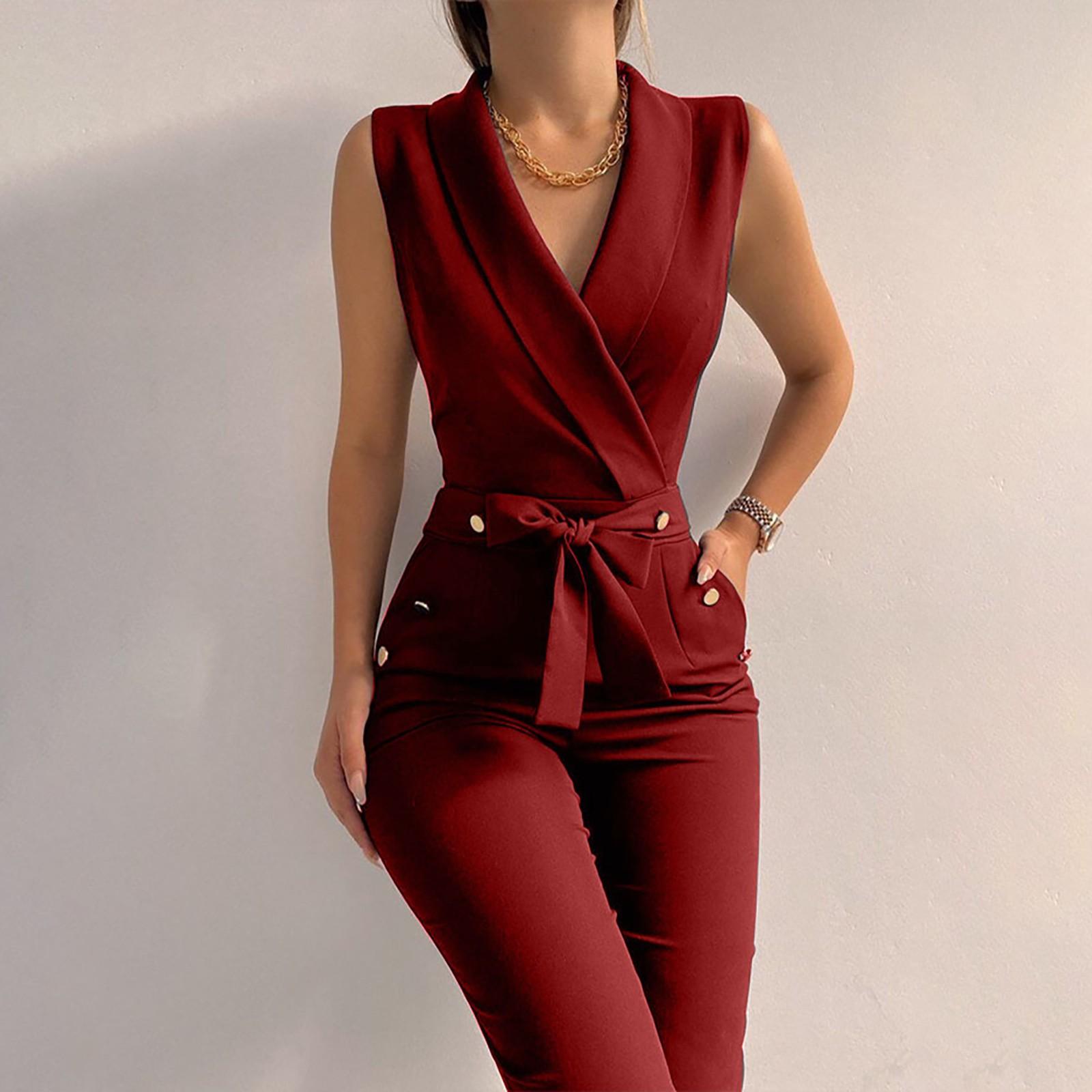 

Womens Fashion Color T Wist Button V-Neck Sleeveless Slim Fit Business Jumpsuit XL винний