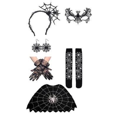 6 Stück Spinnennetz Kostümzubehör Halloween Kostüme Spinnennetz Poncho Handschuhe Ohrring Stirnband Strümpfe für Damen
