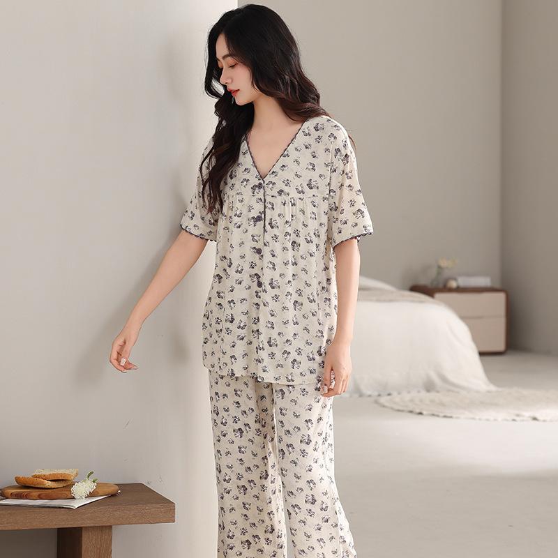 Pajamas women's summer Modal short-sleeved cropped pants thin summer new cotton silk can be worn outside plus size loungewear