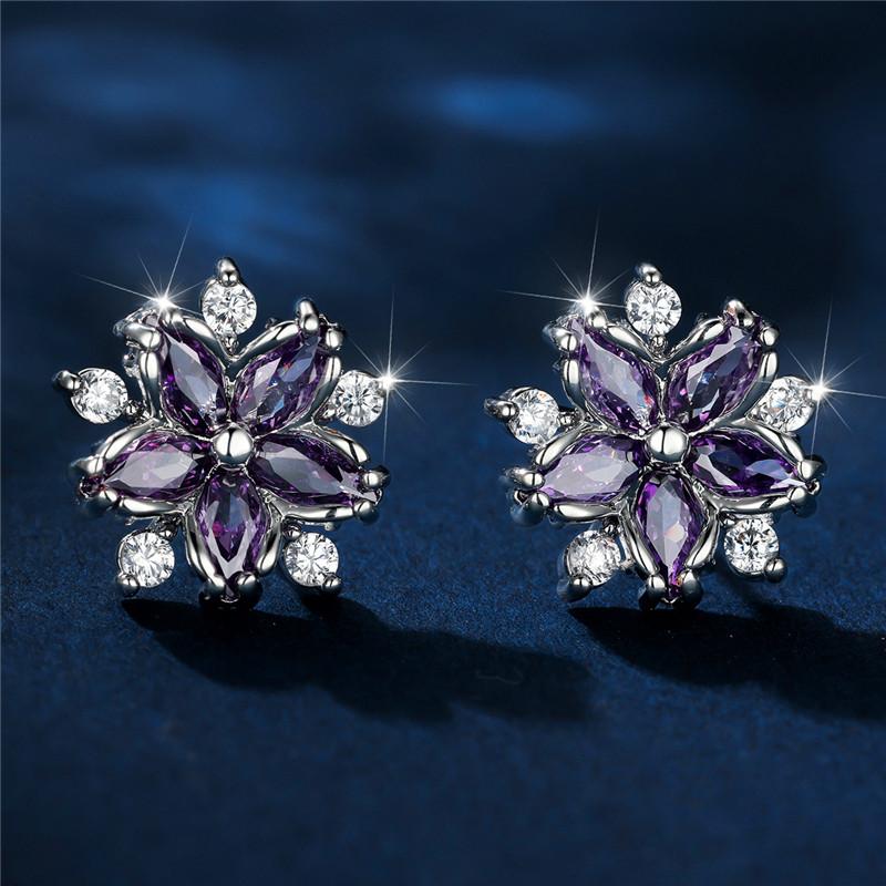 Luxury Female Red Stone Flower Stud Earrings Silver Color Zircon Wedding Jewelry For Women