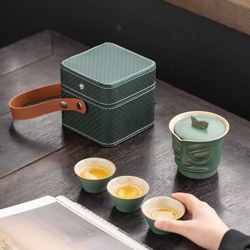 Bronze mask Sanxingdui gift portable travel tea set ceramic merchandise express cup business souvenir