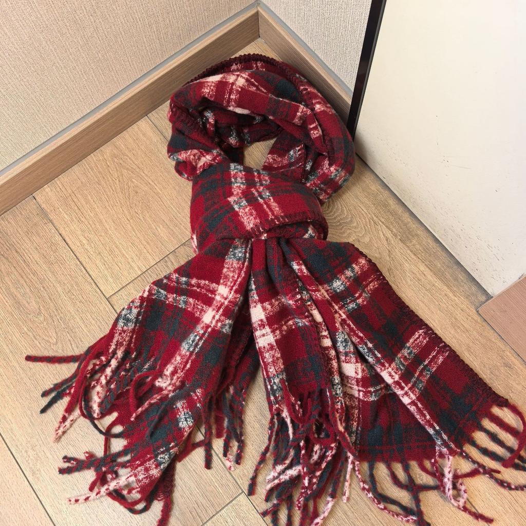New autumn and winter scarf Korean atmosphere plaid hemming tassel light luxury high-end warm thickened shawl versatile