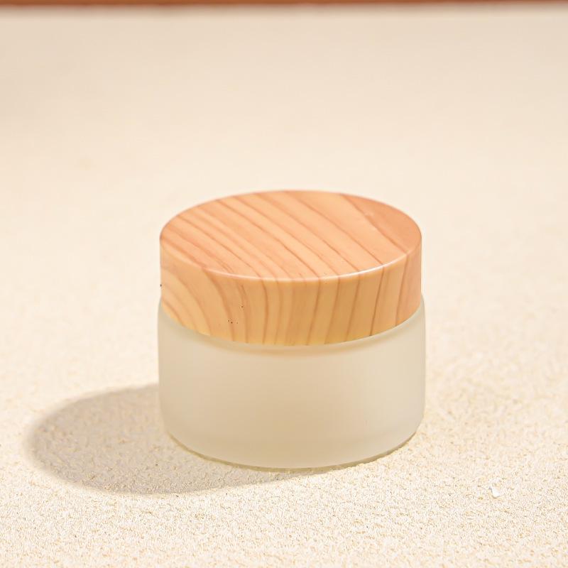 

Frosted Glass Cream Jar with Wood Grain Lid for Cosmetic Refills, 5-100g 5g; Wood Grain Lid, Frosted Glass