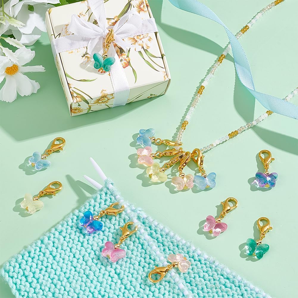 PH PandaHall 60Pcs Glass Butterfly Dangle Charms Crochet Stitch Marker 6 Colors Crystal Glass Charms Pendants With Lobster Claw Clasps For Necklace