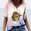 Women's Kawaii Cat Print 3D T Shirt Short Sleeve V Neck Tees Casual Holiday Top Female T Shirt