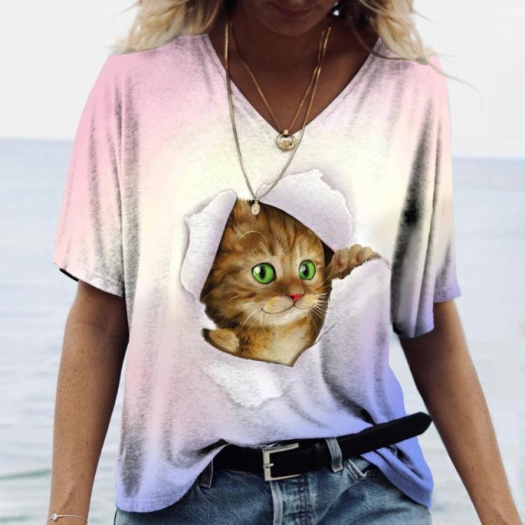 Women's Kawaii Cat Print 3D T Shirt Short Sleeve V Neck Tees Casual Holiday Top Female T Shirt