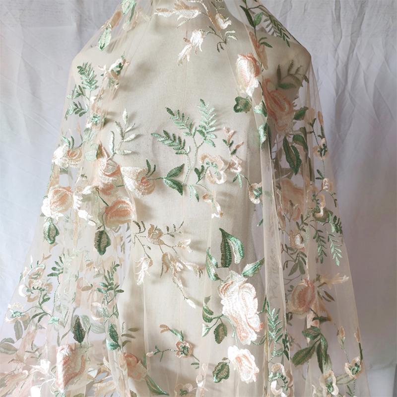 Soft Mesh Floral Embroidery Lace Fabric Colorful Rose Leaf Embroidered Fabric for DIY Sewing Clothes Wedding Dress Veils