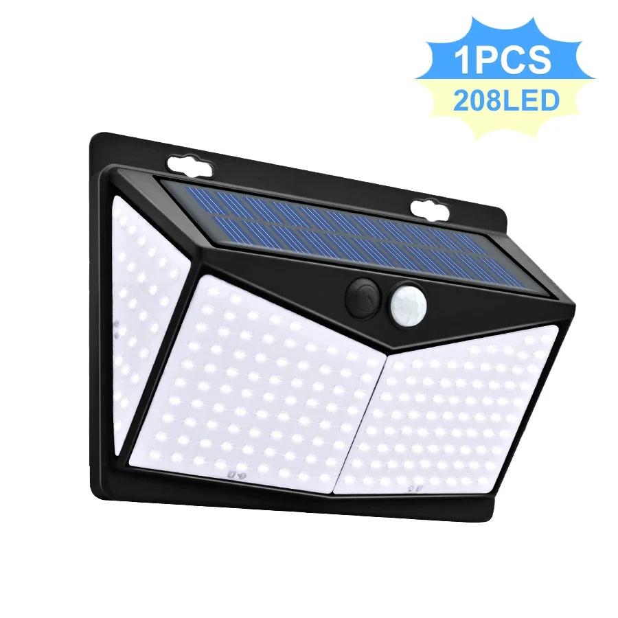 

208LED уличный настенный светильник с датчиком движения, водонепроницаемый беспроводной охранный солнечный настенный светильник, 3 режима, садовая дорожка, дорожка 1PC