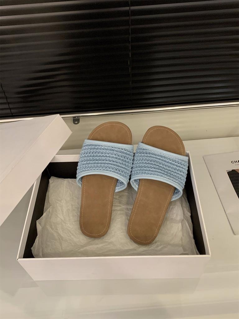 Retro woven style holiday sandals one-word slippers women's shoes wear flat beach sandals