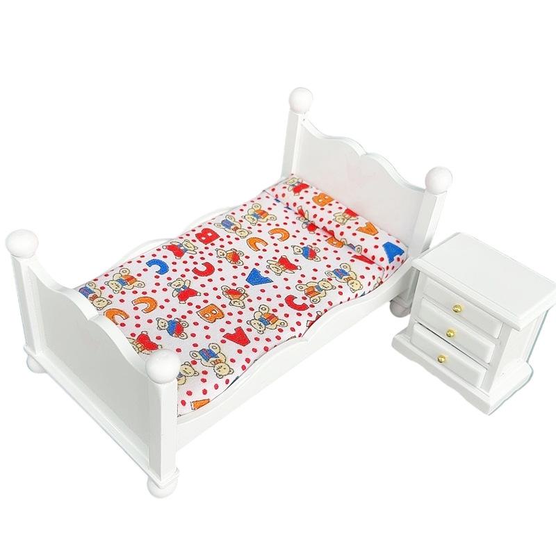 

1:12 Dollhouse Miniatures Wooden Single Bed Nightstand Set Model Doll House Bedroom Scene Decor Ornaments Pretend Play Toys Diy
