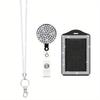Bling ID Holder with Lanyard Rhinestone Decorated Elegant Design Shiny Finish Badge Reel Retractable Lanyard Easy Pull Buckle
