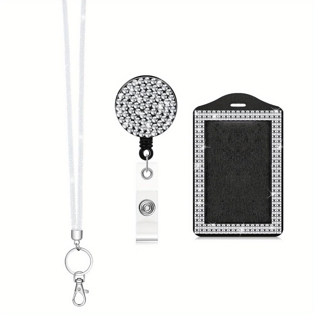Retractable Lanyard ID Holder with Lanyard Rhinestone Decorated ID Holder Keychain for Teachers белый