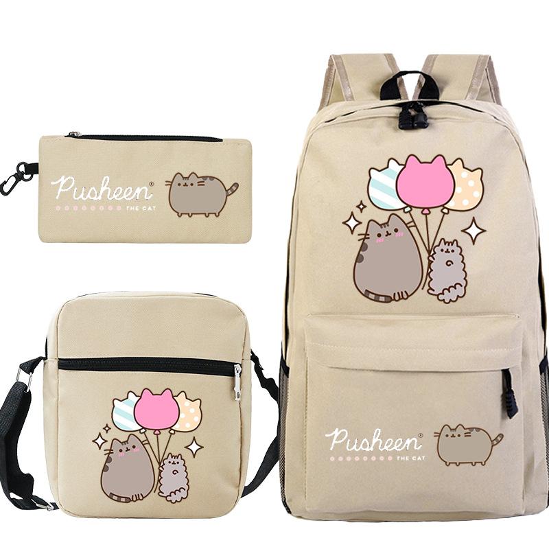 Katze 3-teiliges Set Niedlicher Schulrucksack Schreibwaren Federmäppchen Lässige Umhängetasche für Kinder