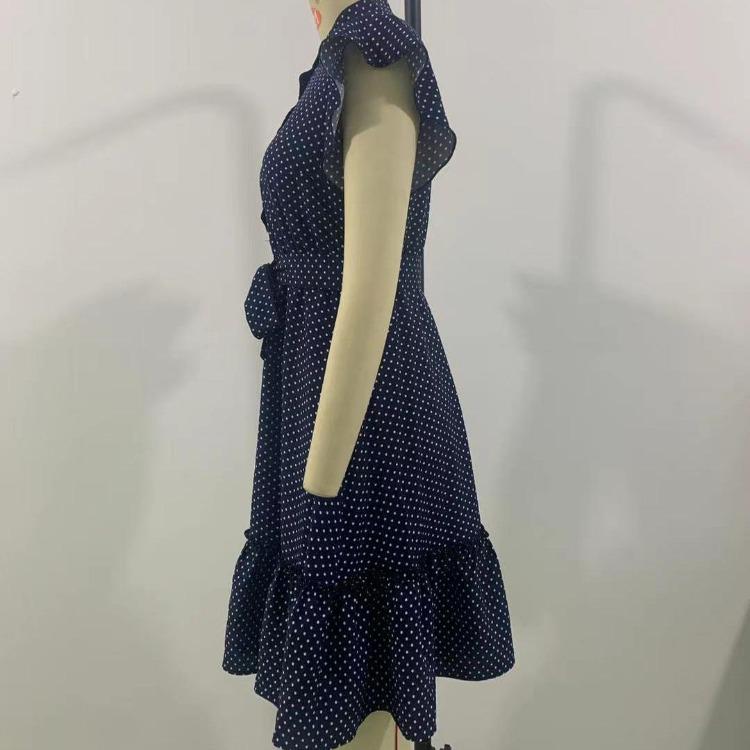 Women Summer Dress High Waist A-Line Lace Up O-Neck Dot Print Short Sleeve Lotus Leaf Midi Dress Sizes S-XL