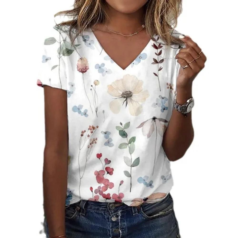 Summer New Style Floral 3D Print Casual V-Neck Women Short Sleeve Comfortable Polyester Fiber Fashion