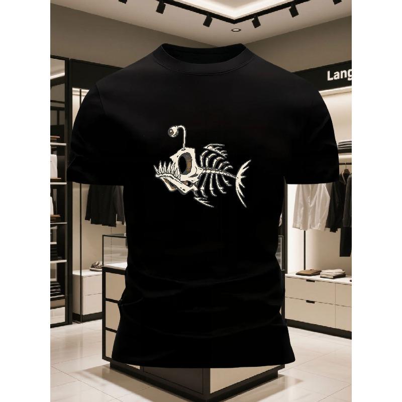 Men's Round Neck  Short Sleeved Fashion Bizarre Fish Shaped Shadow Printing Daily Style T-shirt, Casual and Comfortable Top