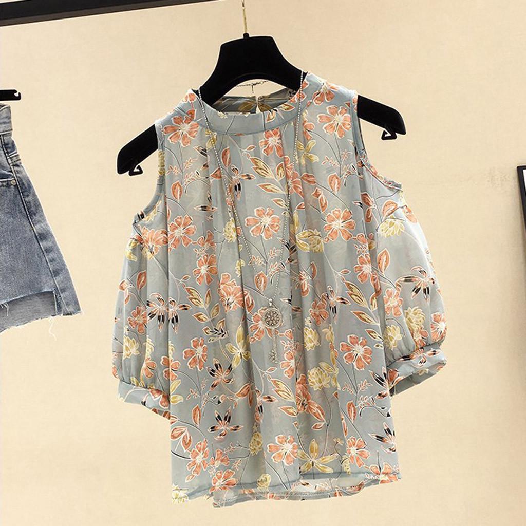 Fashion Women  Printed Short Sleeve Cold Shoulder Appliques Loose Tops