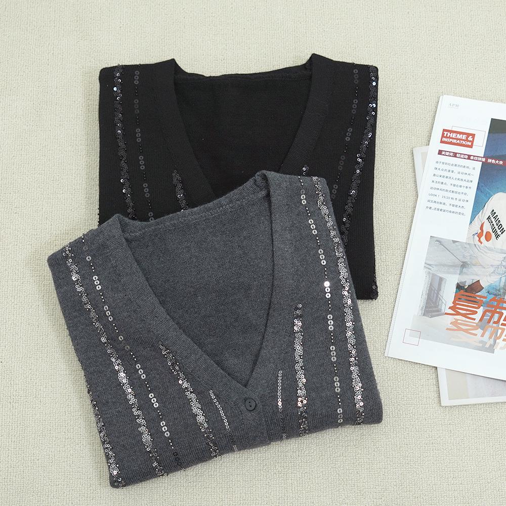 Nanyou Sequin Knit Cardigan - Women's Spring/Autumn Long Sleeve Wool Sweater