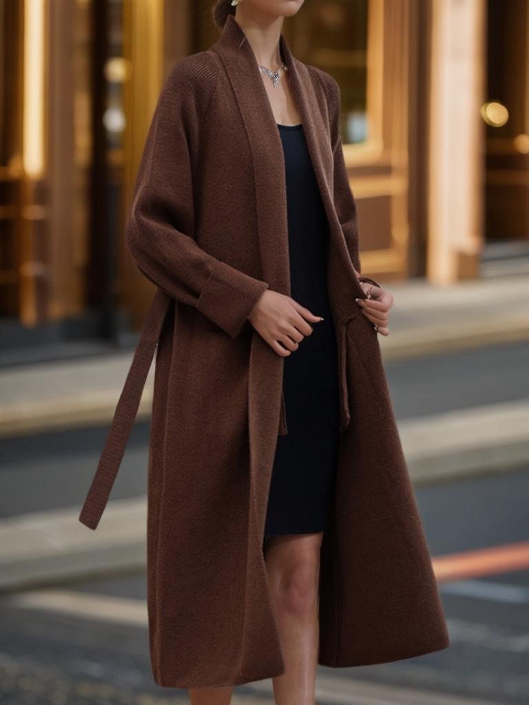 Women's 2024 Autumn/Winter Casual Long Knitted Cardigan Sweater Coat with Lace-Up Design