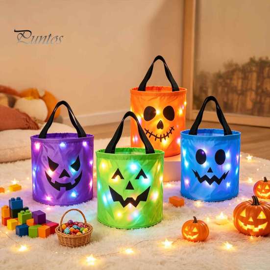 Outdoor Night Safety Props LED Light Up Halloween Bucket, Glow In The Dark Trick or Treat Candy Collapsible Decorative Pails Bag with Handle, Reusable