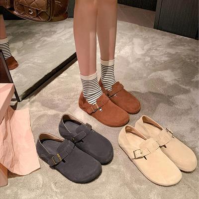 Fashion Women's New Genuine Leather Cow Suede Round Toe with a Raised Metal Belt Buckle Inside the Heel, Retro Casual Single Shoe