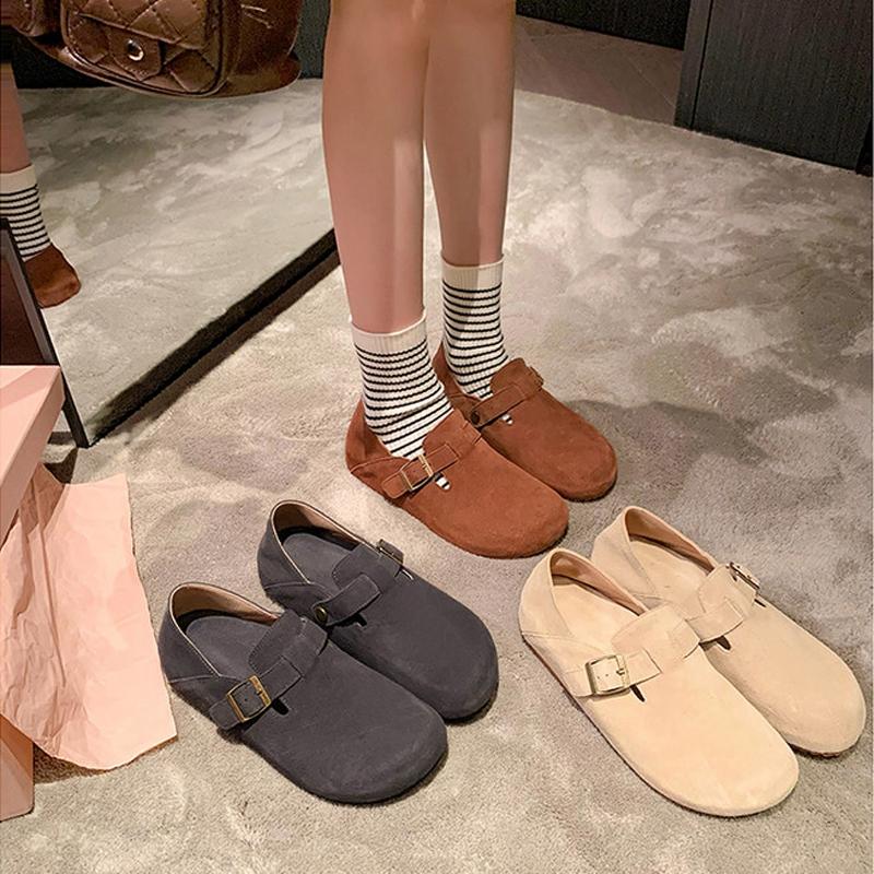 Fashion Women's new genuine leather cow suede round toe with a raised metal belt buckle inside the heel, retro casual single shoe