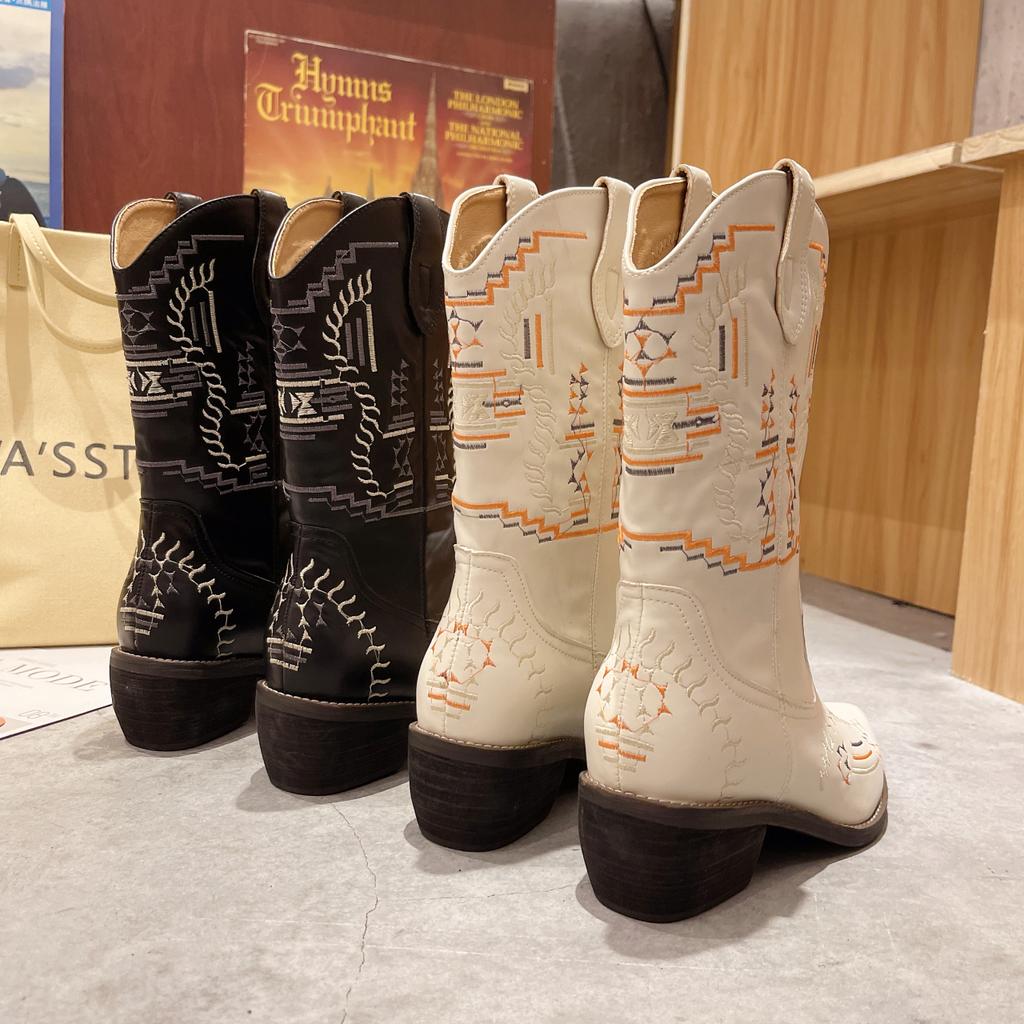 Women's Boots Retro Autumn Winter White Mid Calf Boots Big Size 42 Women Comfy Walking Female Western Cowboy Boot Women's Shoes