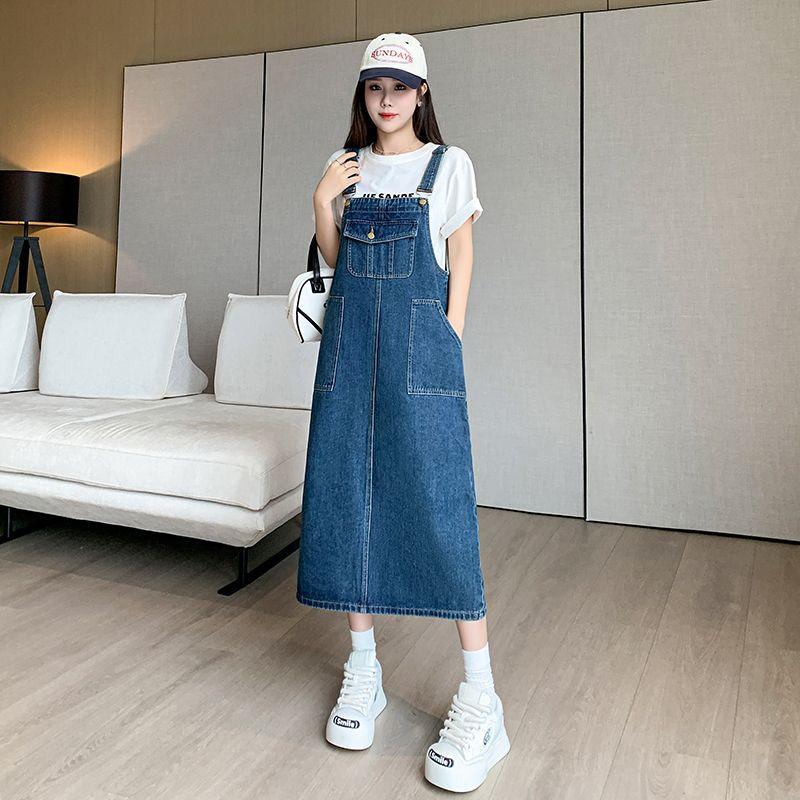 

Korean Style Plus size women clothing Chubby Girl Large Pocket Back Slit Loose Slimming Casual Mid-Length Age-Reducing Strap Dress