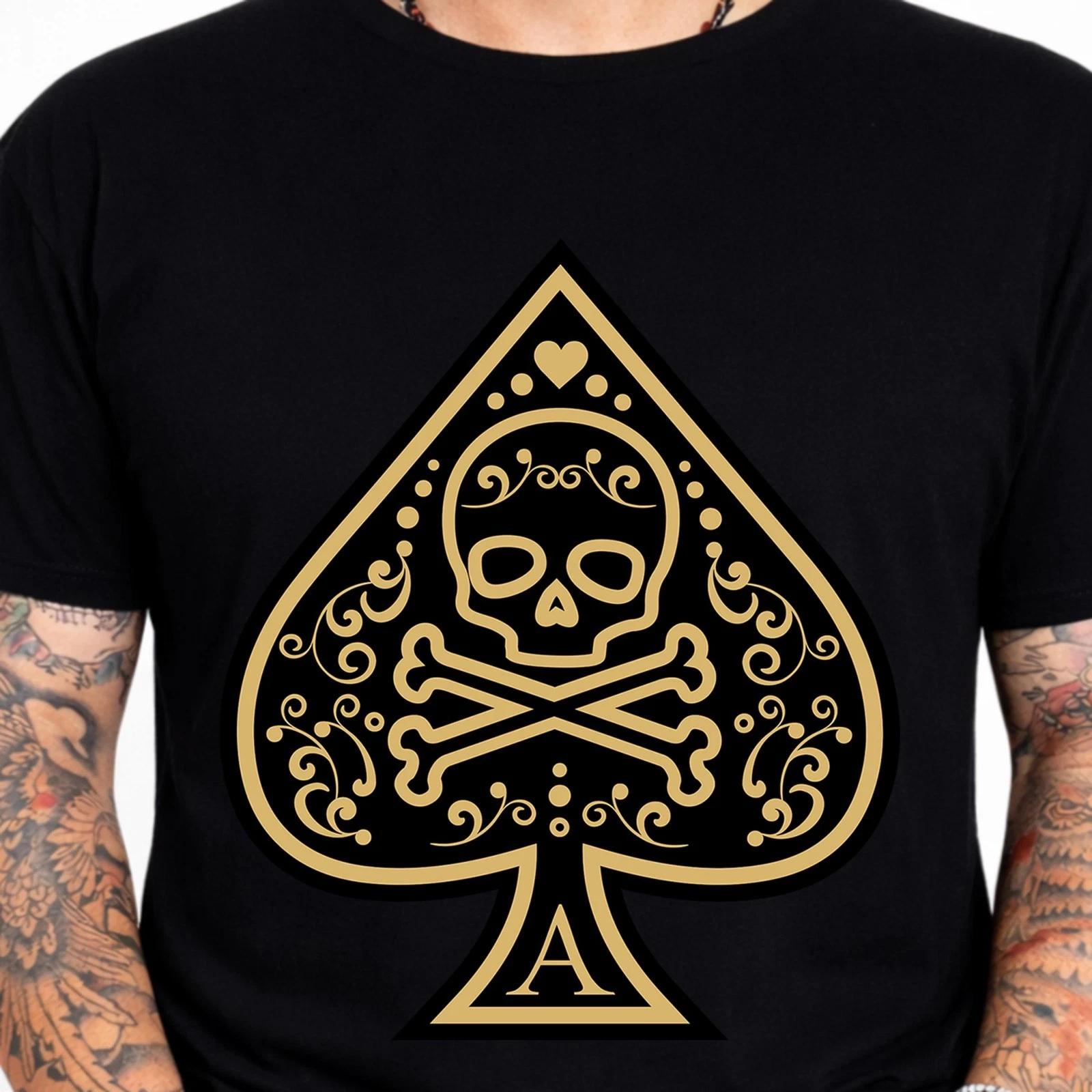 Ace Spade Skull Crossbones Graphic T-Shirt Gothic Poker Casino Tee Biker Card M