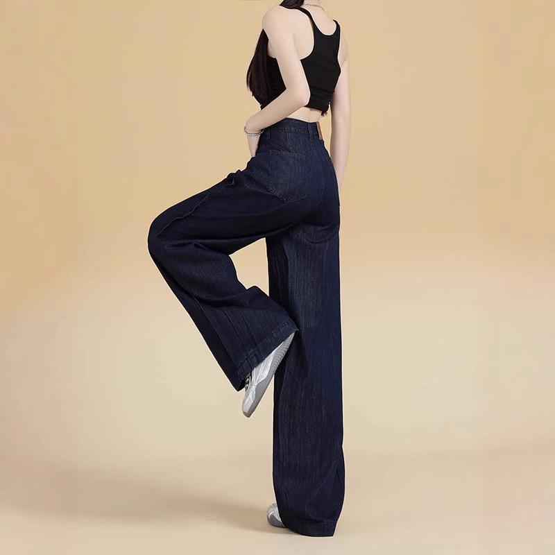 Women's Dark Blue High-Waisted Wide-Leg Jeans - 2024 Spring/Autumn, Slimming & Floor-Length