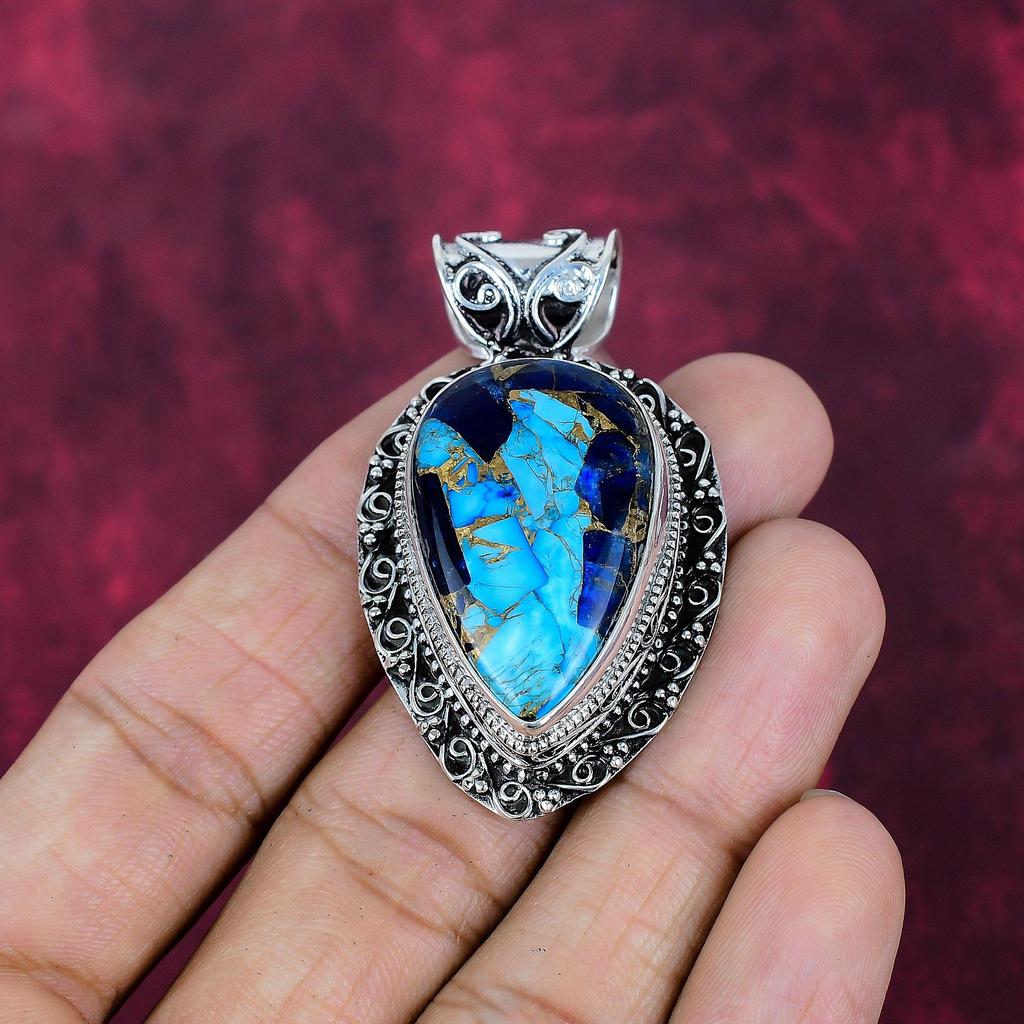 Copper Lapis Turquoise Handmade Gemstone Pendant, 925 Solid Sterling Silver Pendant Amazing Jewelry, Love Forever Gift