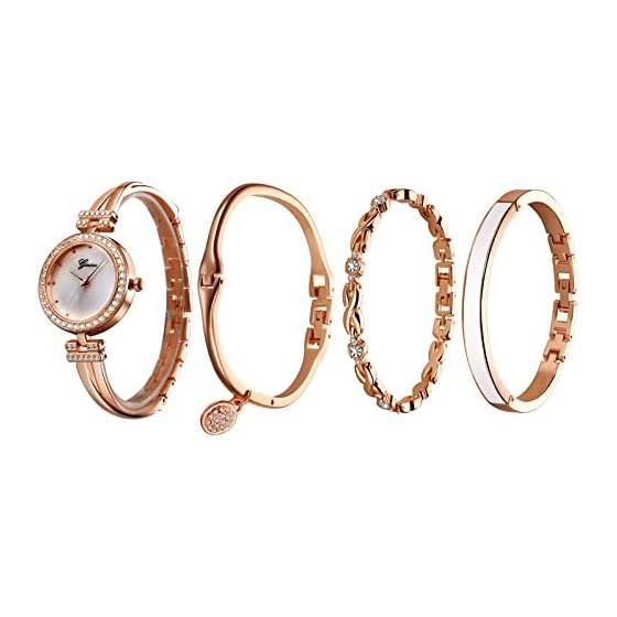 [JEWELRYWE] Women s Bangle Watch, Simple, Popular, Stylish, Cute, 4-piece Set, Analog Display, Waterproof, Ladies Watch, Rose Gold, Birthday,