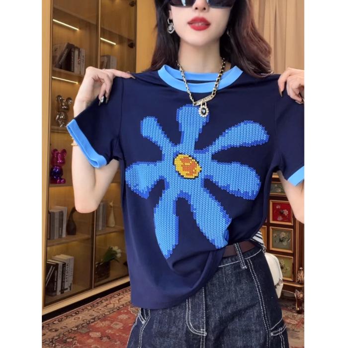 

Tide Heavy Puff Floral Print Women s T-Shirt, Summer 2025, Color Block, Loose Fit, Pure Cotton. Extra Large королевский синий